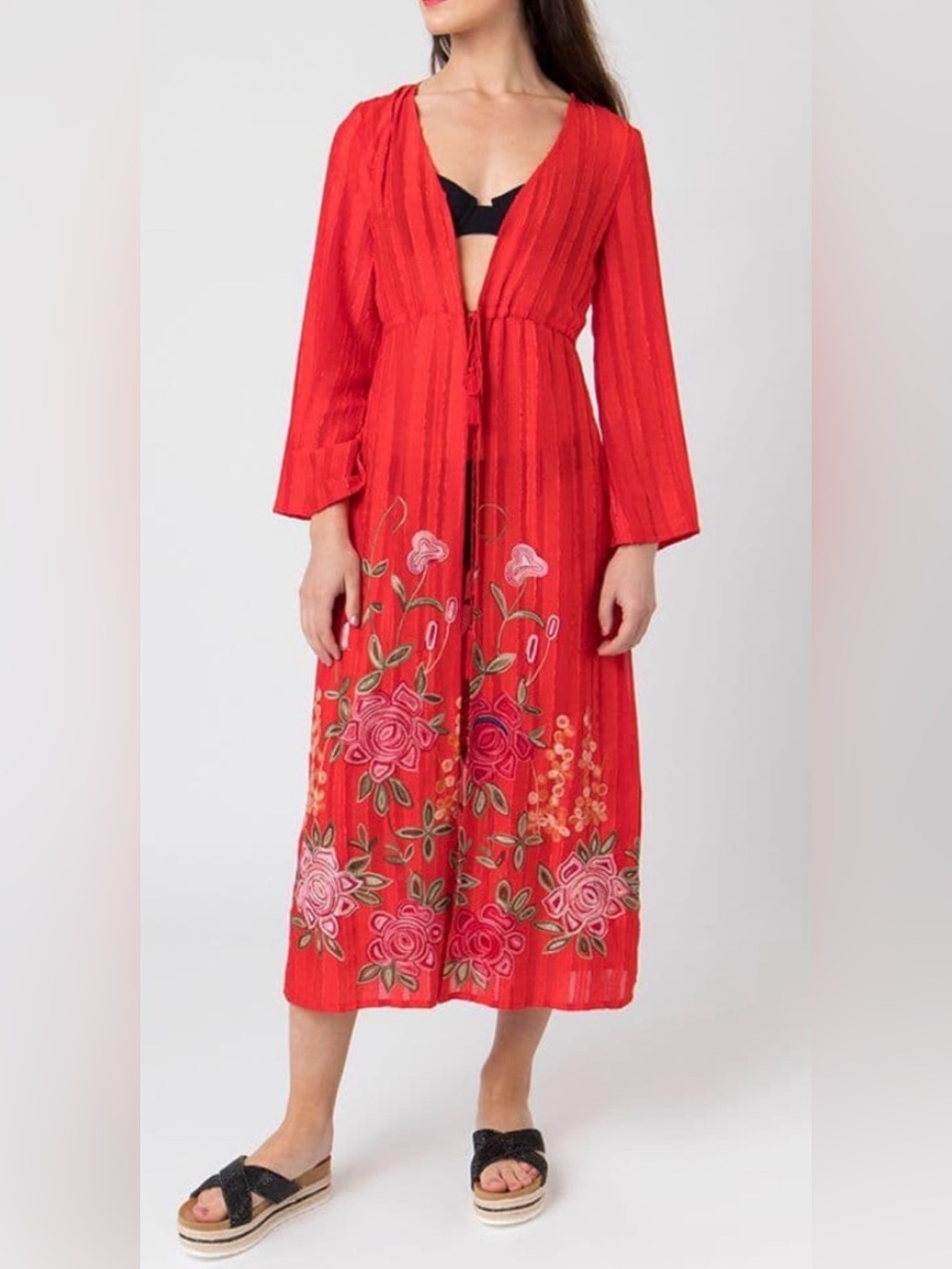 Pia Rossini Zella Kimono Coverup Large Red Floral Embroidered Resort Beach NWT